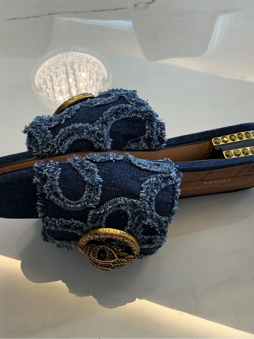 Kurt Geiger Distressed Denim Slide Mules with Gold Emblem - Picture 2 of 6